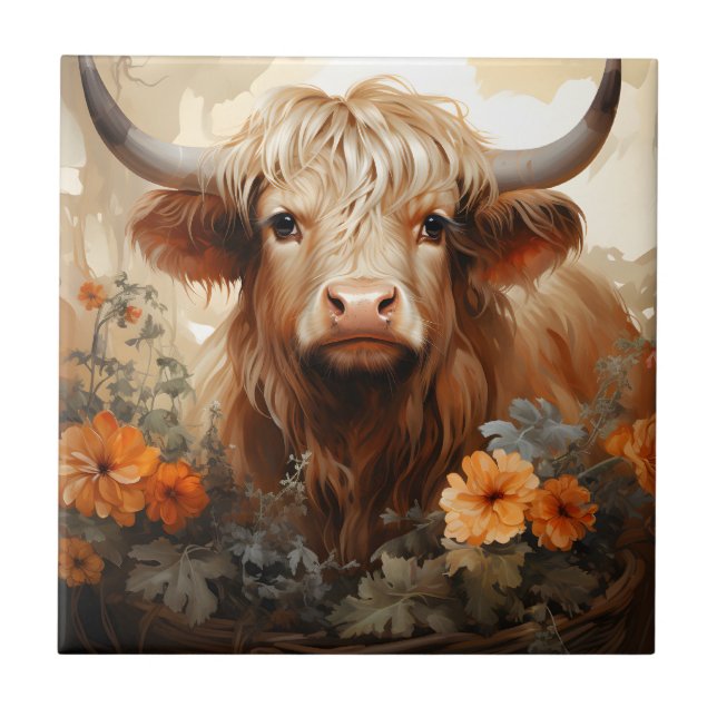 A Floral Highland Cow Series Design 2 Ceramic Tile (Front)