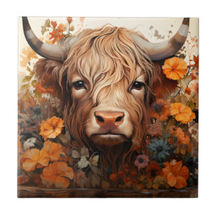 A Floral Highland Cow Series Design 3 Ceramic Tile