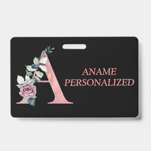 A Floral Monogram Name Letters Pink Agate ID Badge