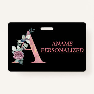 A Floral Monogram Name Letters Pink Agate ID Badge