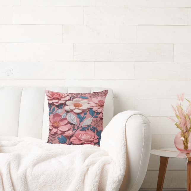 A floral pattern with a pink background cushion (Couch)