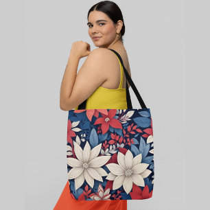 A floral pattern with large white and red flowers tote bag