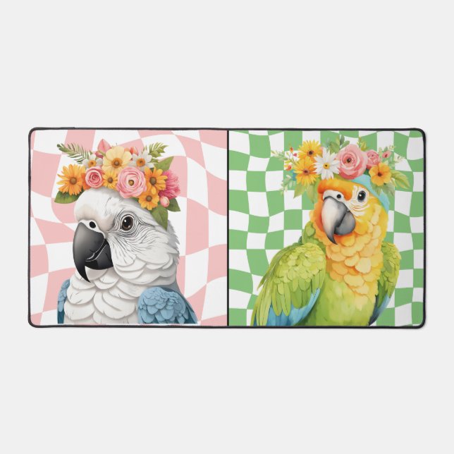 a flower crown parrot with a chequered background desk mat (Front)