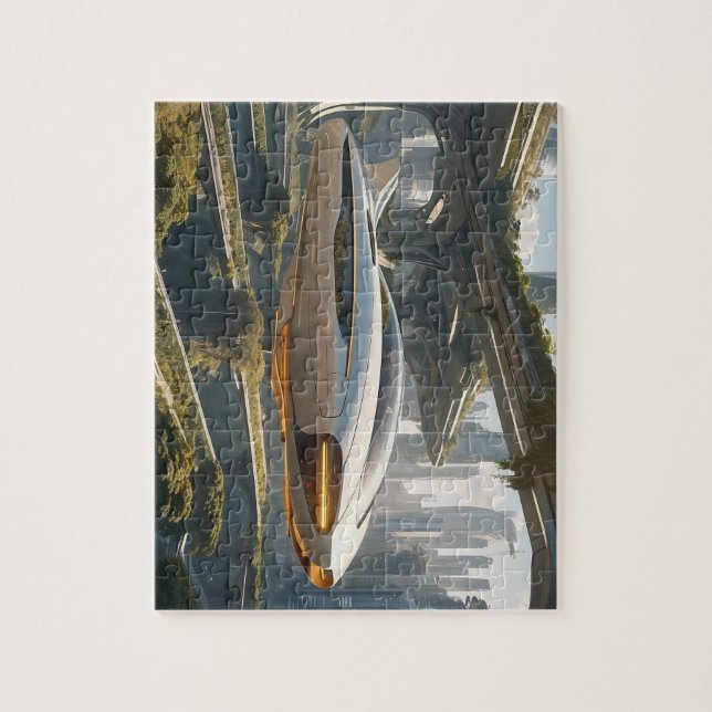 A flying car in the city of the future. jigsaw puzzle (Vertical)