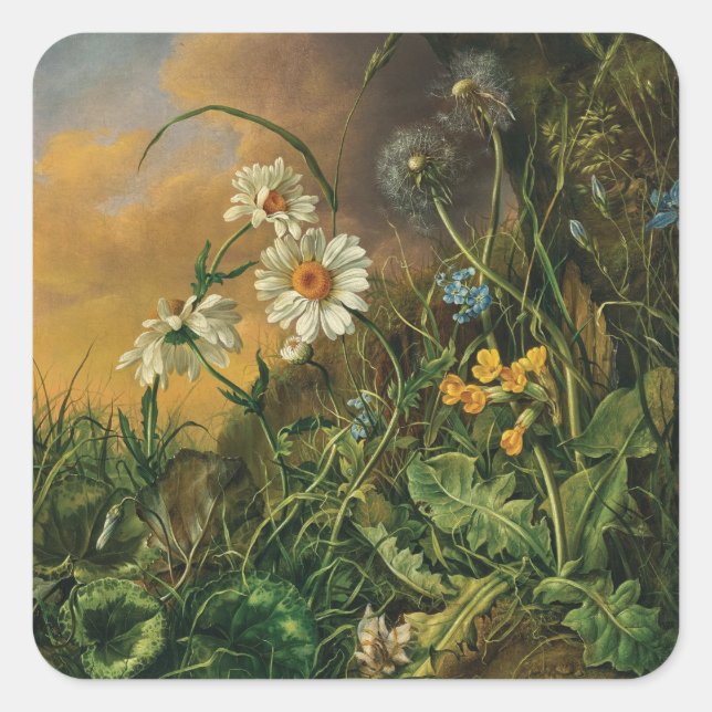 A Forest Floor with Daisies, Primroses, ... Square Sticker (Front)