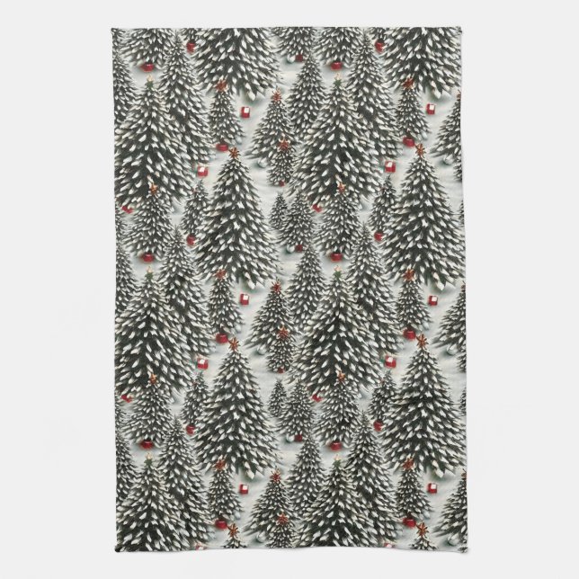 A Forest of Snow Covered Christmas Trees  Tea Towel (Vertical)