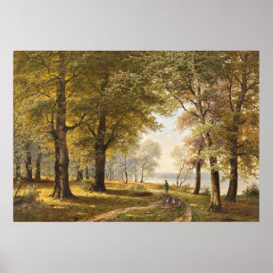 A Forest Path with Hiker in Autumn Poster