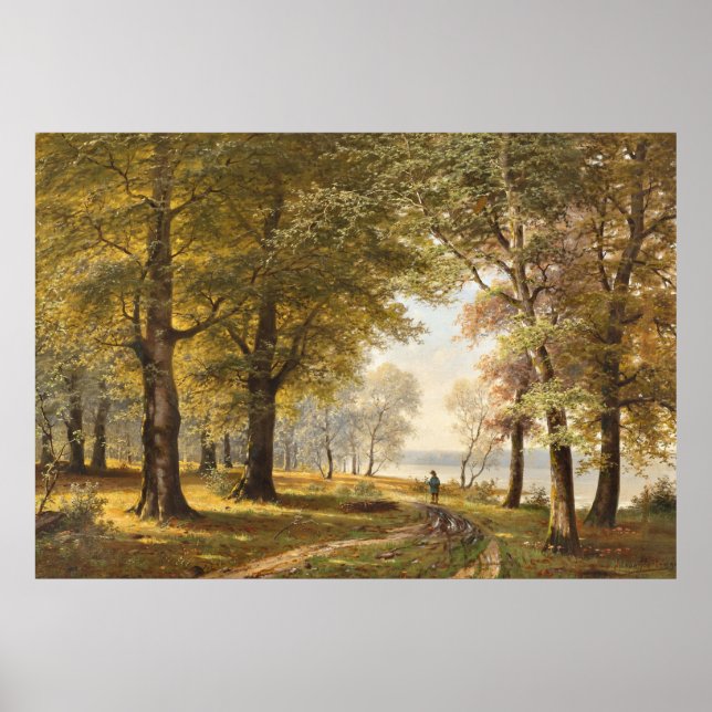A Forest Path with Hiker in Autumn Poster (Front)
