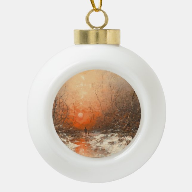A Forest Path with Hunter at Sunset  Ceramic Ball Christmas Ornament (Front)
