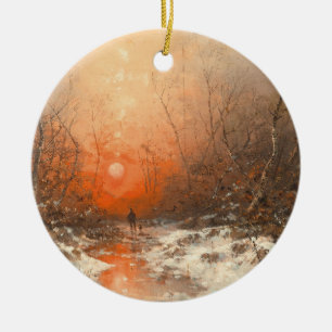 A Forest Path with Hunter at Sunset  Ceramic Ornament
