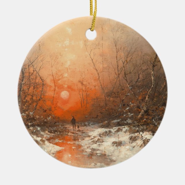 A Forest Path with Hunter at Sunset  Ceramic Ornament (Front)