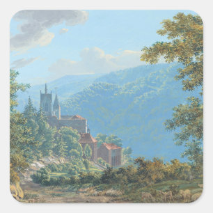 A Fortress in a Mountain Landscape at Sunrise Square Sticker