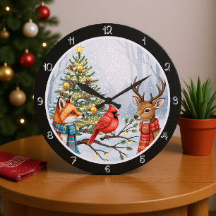 A Fox, Deer, and Cardinal Christmas Large Clock