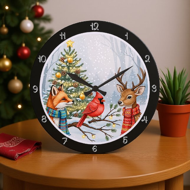A Fox, Deer, and Cardinal Christmas Large Clock (Creator Uploaded)
