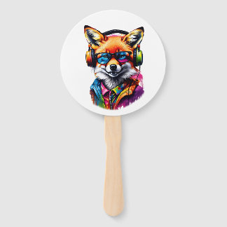 A fox in headphones and glasses hand fan