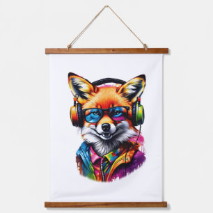 A fox in headphones and glasses hanging tapestry