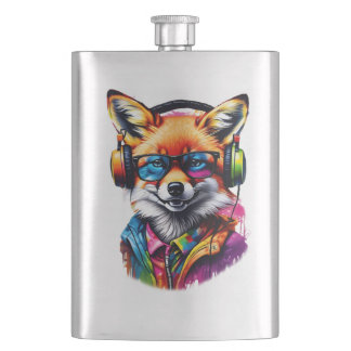 A fox in headphones and glasses hip flask