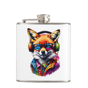 A fox in headphones and glasses hip flask