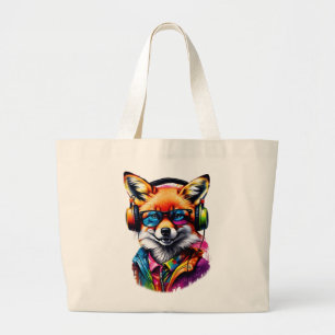 A fox in headphones and glasses large tote bag