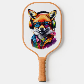 A fox in headphones and glasses pickleball paddle