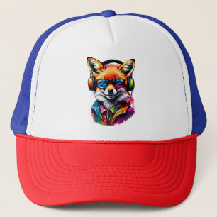 A fox in headphones and glasses trucker hat