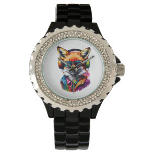A fox in headphones and glasses watch