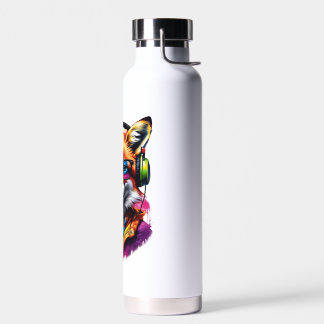 A fox in headphones and glasses water bottle