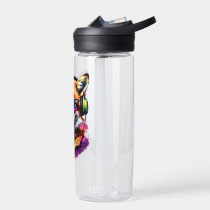 A fox in headphones and glasses water bottle