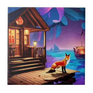 A Fox Sitting infront of The Cabin-47567 Ceramic Tile