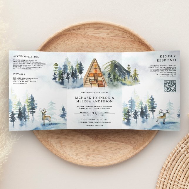 A-Frame Cabin Mountain Forest QR Code Wedding Tri-Fold Invitation (Creator Uploaded)