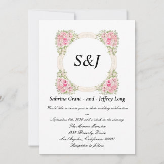 A Frame with Pink Flowers Monogram Wedding Invitation
