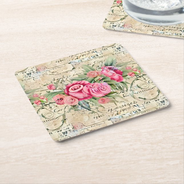 A French Ephemera Design Series 26 Square Paper Coaster (Angled)