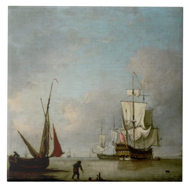 A Frigate in Calm Water Ceramic Tile (Front)