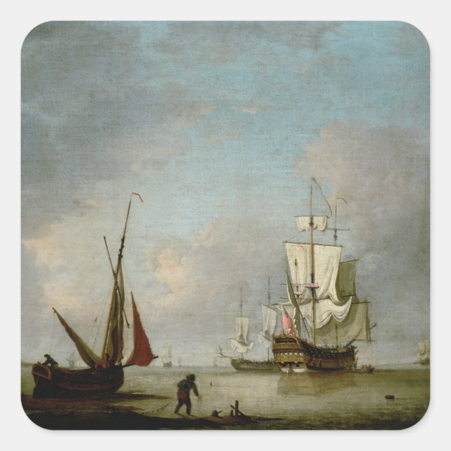 A Frigate in Calm Water Square Sticker (Front)