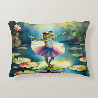 A frog ballerina dancing on a lotus leaf in a pond decorative cushion