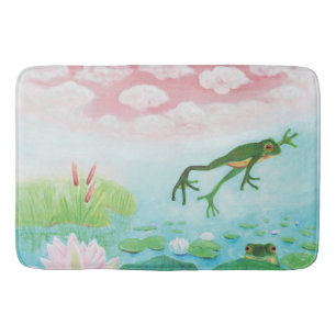 A Frog Jumps Into The Pond Illustration Bath Mat