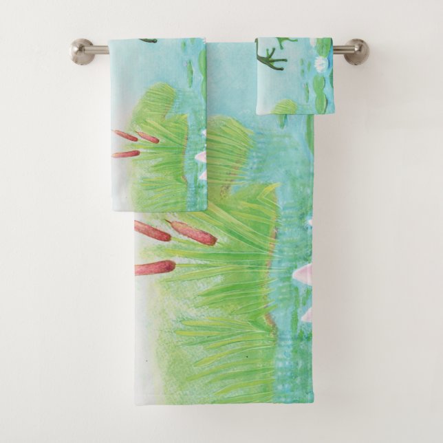 A Frog Jumps Into The Pond Illustration  Bath Towel Set (Insitu)