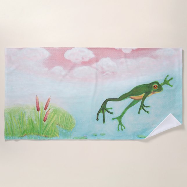 A Frog Jumps Into The Pond Illustration   Beach Towel (Front)