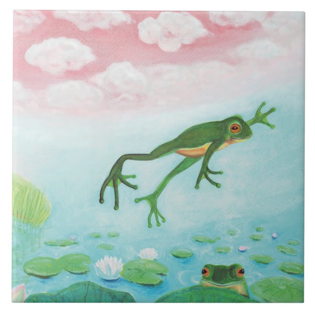 A Frog Jumps Into The Pond Illustration  Ceramic Tile (Front)