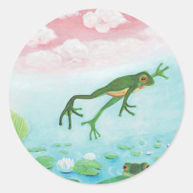 A Frog Jumps Into The Pond Illustration  Classic Round Sticker (Front)