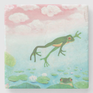 A Frog Jumps Into The Pond Illustration  Stone Coaster