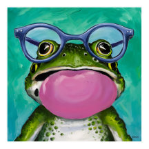 A frog wearing glasses and blowing a pink bubble 