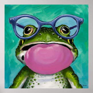 A frog wearing glasses and blowing a pink bubble poster