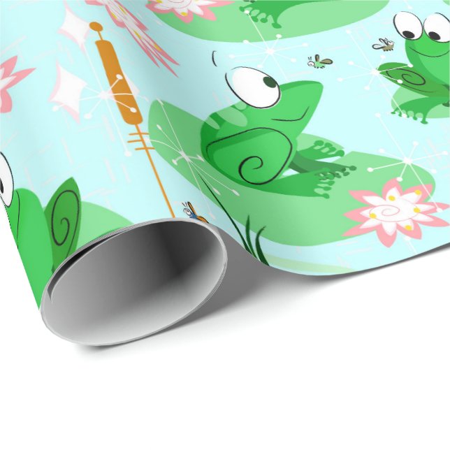 A froggy celebration - cheerful pastel pond scene wrapping paper (Roll Corner)