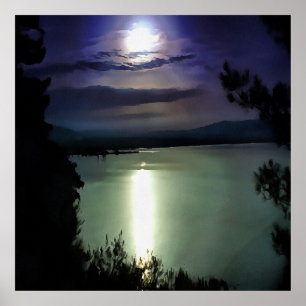 A Full Moon Reflecting On The Aegean Nautical Art Poster