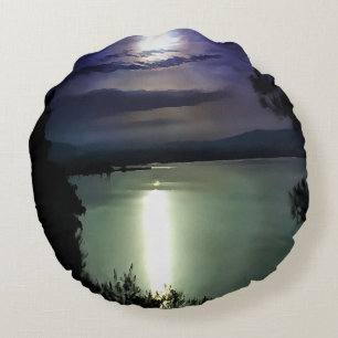 A Full Moon Reflecting On The Aegean Nautical Art Round Cushion