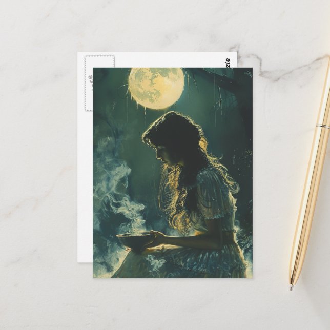 A Full Moon Spell Woman With Incense Postcard (Front/Back In Situ)