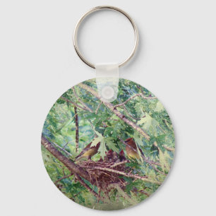 A Full Nest, Parents and Baby Birds Key Ring