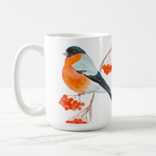 A funny bullfinch on a rowan tree branch coffee mug