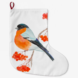 A funny bullfinch on a rowan tree branch large christmas stocking